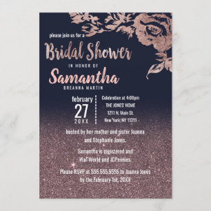 Navy Blue Rose Gold Glitter Floral Bridal Shower Invitation