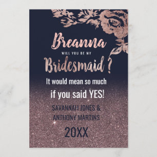 Navy Blue Rose Gold Glitter Floral Bridesmaids Invitation