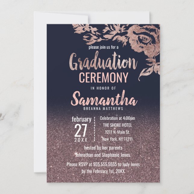 Navy Blue Rose Gold Glitter Floral Graduation Invitation (Front)