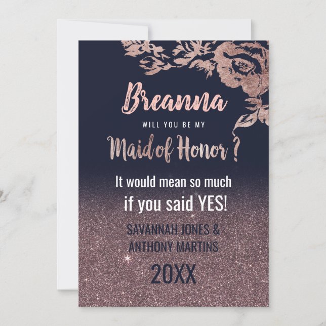Navy Blue Rose Gold Glitter Floral Maid of Honour Invitation (Front)