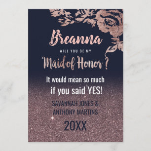 Navy Blue Rose Gold Glitter Floral Maid of Honour Invitation