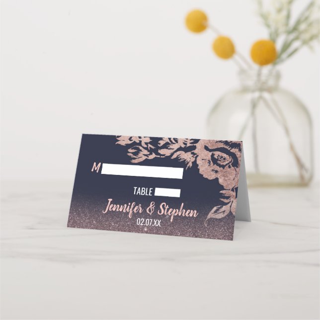 Navy Blue Rose Gold Glitter Floral Place Cards (Front)