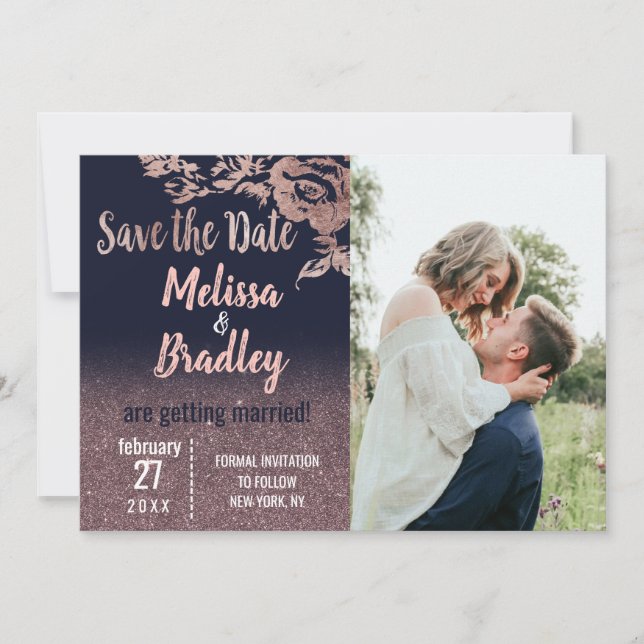 Navy Blue Rose Gold Glitter Floral Save the Date Invitation (Front)