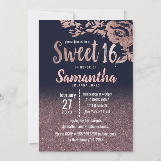 Navy Blue Rose Gold Glitter Floral Sweet 16 Invitation (Front)