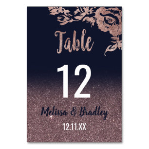 Navy Blue Rose Gold Glitter Floral Table Numbers