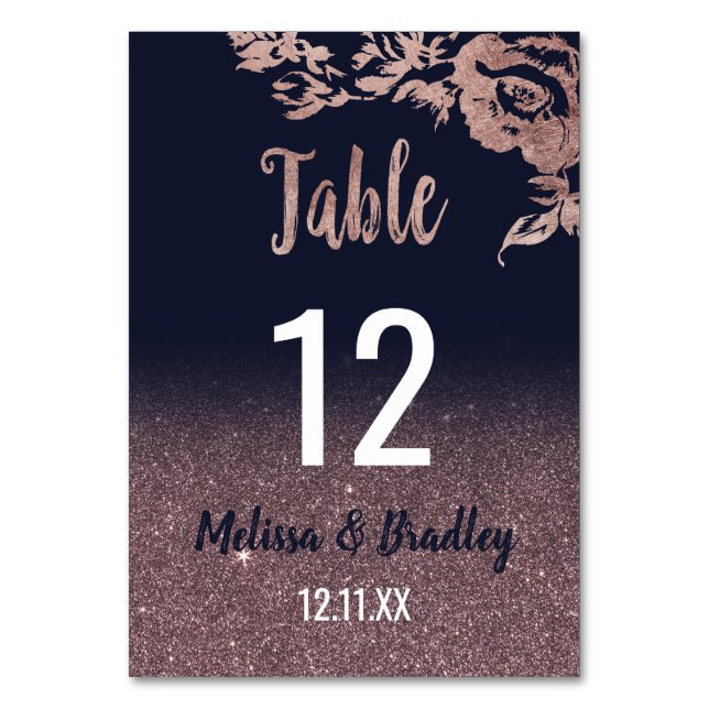 Navy Blue Rose Gold Glitter Floral Table Numbers (Front)