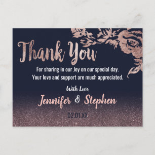Navy Blue Rose Gold Glitter Floral Thank You Postcard