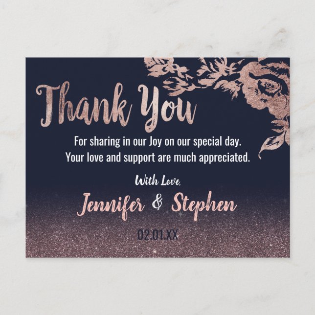 Navy Blue Rose Gold Glitter Floral Thank You Postcard (Front)