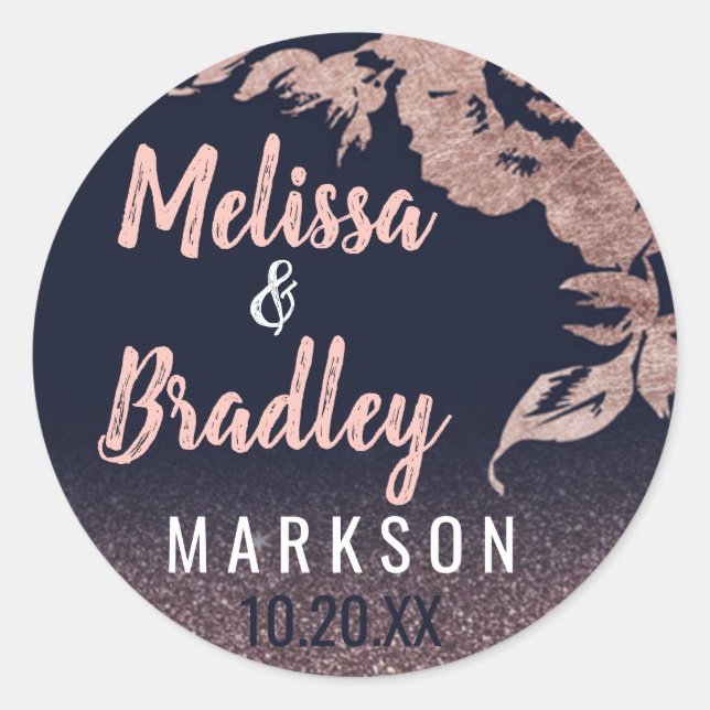 Navy Blue Rose Gold Glitter Floral Wedding Classic Round Sticker (Front)
