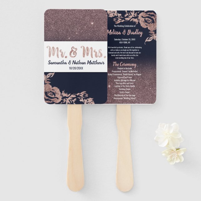 Navy Blue Rose Gold Glitter Floral Wedding Program Hand Fan (Front and Back)