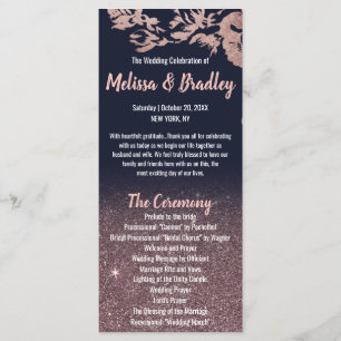 Navy Blue Rose Gold Glitter Floral Wedding Program Programme