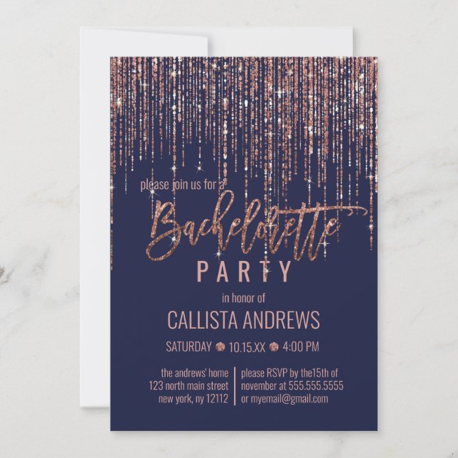 Navy Blue Rose Gold Glitter Fringe Bachelorette Invitation (Front)