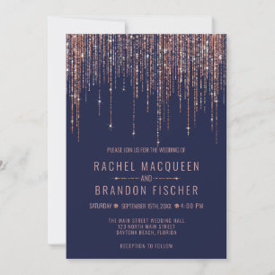 Navy Blue Rose Gold Glitter Fringe Curtain Wedding Invitation