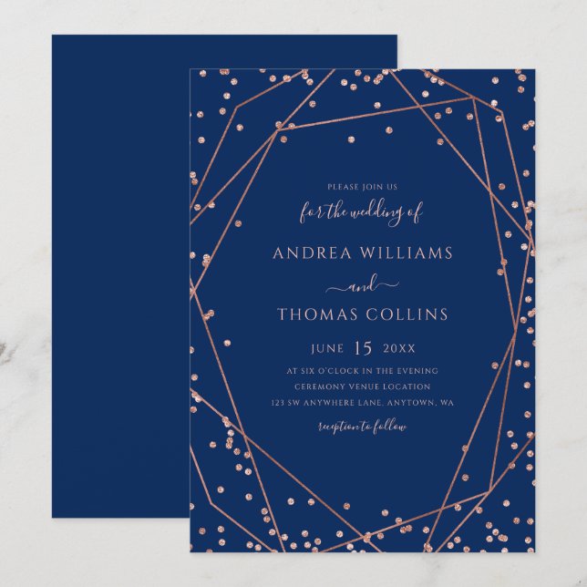Navy Blue Rose Gold Glitter Geometric Wedding Invitation (Front/Back)