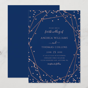 Navy Blue Rose Gold Glitter Geometric Wedding Invitation