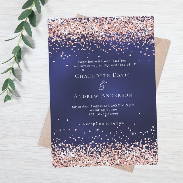 Navy blue rose gold glitter luxury wedding invitation (Creator Uploaded)