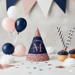 Navy Blue Rose Gold Glitter Monogram Birthday Party Hat