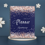 Navy blue rose gold glitter name appointment 2025 planner<br><div class="desc">Navy blue background. Rose gold,  blush faux glitter dust.  Personalise and add a year and name.  White letters.</div>