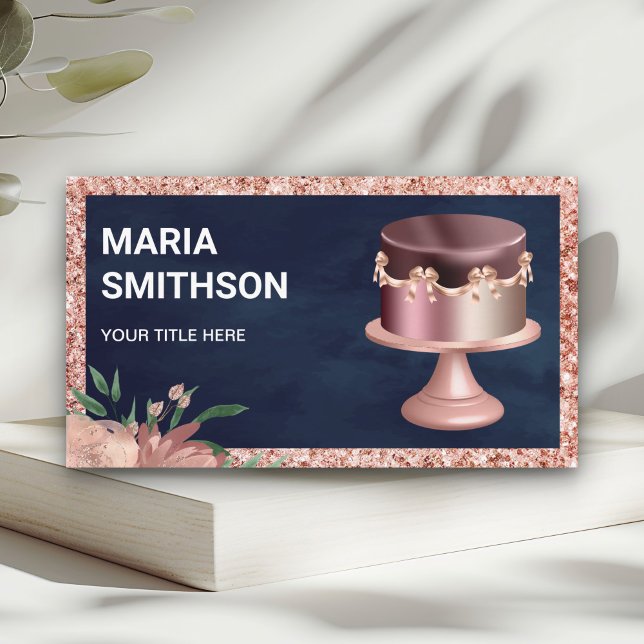 Navy Blue Rose Gold Glitter Pink Cake Bakery Business Card (Creator Uploaded)