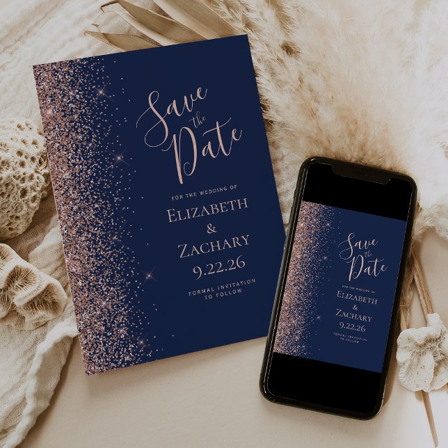 Navy Blue Rose Gold Glitter Save the Date Announcement (Creator Uploaded)