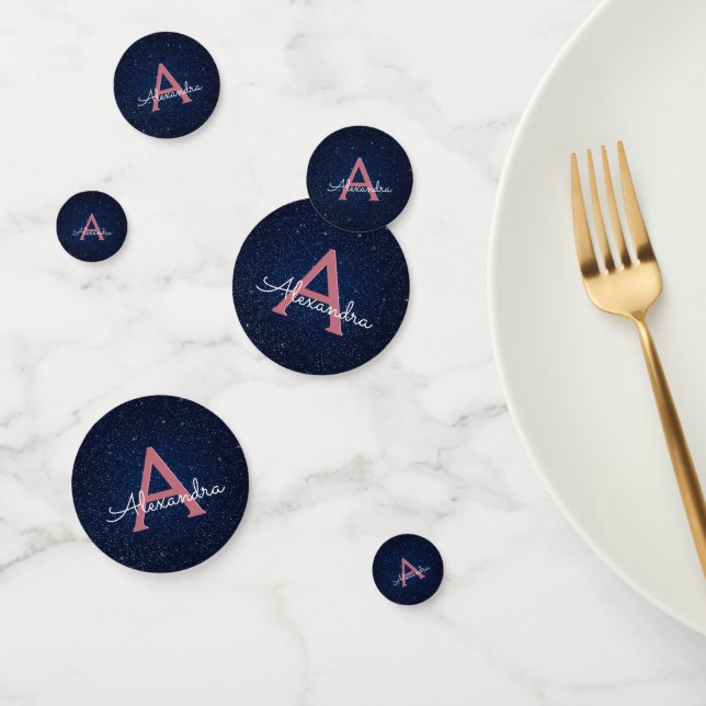Navy Blue - Rose Gold Glitter Sparkle Monogram Confetti (Group)