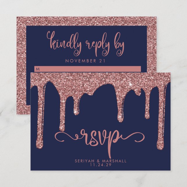 Navy Blue Rose Gold Glitter Sparkle Wedding RSVP Card (Front/Back)