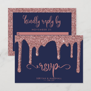 Navy Blue Rose Gold Glitter Sparkle Wedding RSVP Card