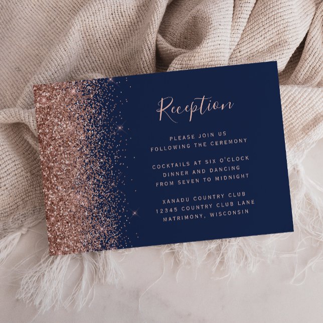 Navy Blue Rose Gold Glitter Wedding Reception Enclosure Card (Creator Uploaded)