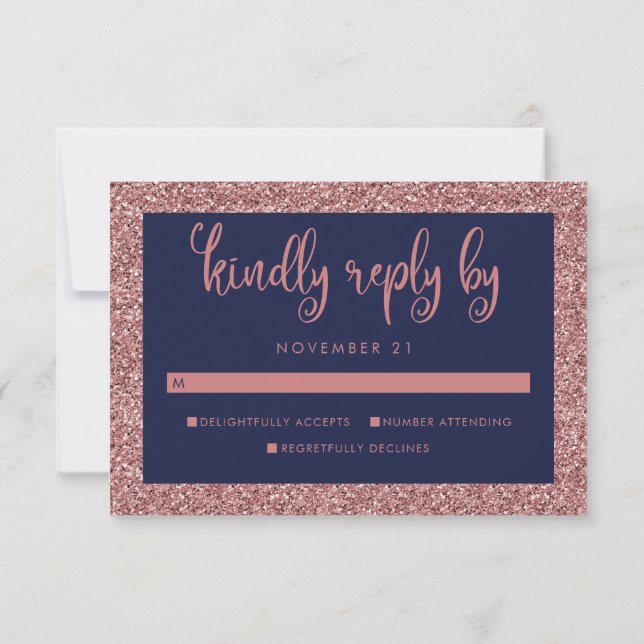 Navy Blue Rose Gold Glitter Wedding RSVP (Back)