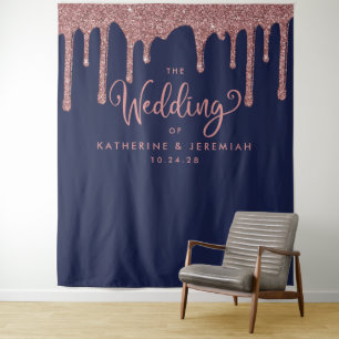 Navy Blue Rose Gold Glitter Wedding Welcome Tapestry
