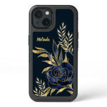 Navy Blue Rose Gold Leaves Monogram