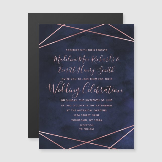 Navy Blue & Rose Gold Magnetic Wedding Invitation (Front/Back)