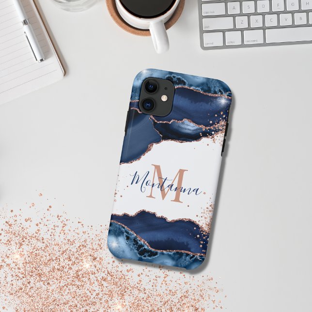  Navy Blue Rose Gold Marble Agate Personalised Case-Mate iPhone Case (navy agate phone case)