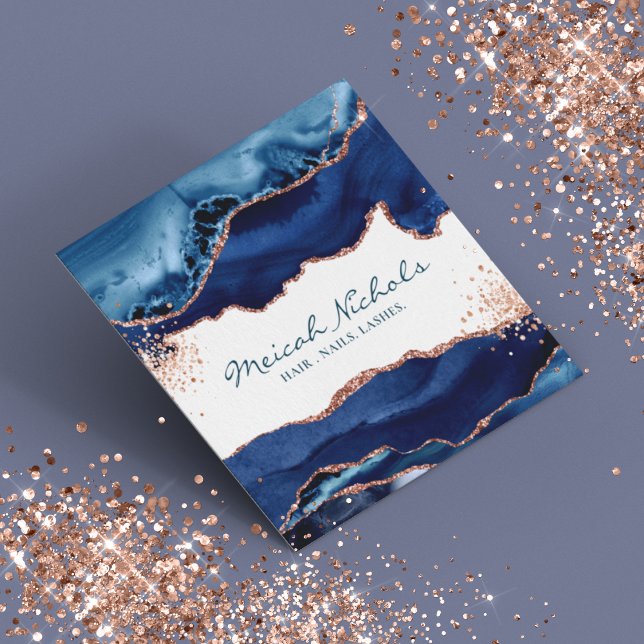  Navy Blue Rose Gold Marble Agate Personalised Square Business Card (Creator Uploaded)