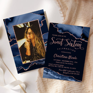Navy Blue Rose Gold Marble Agate Sweet 16 Photo Invitation