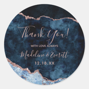 Navy Blue Rose Gold Marble Agate Wedding Thank You Classic Round Sticker