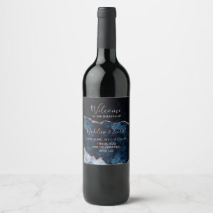 Navy Blue Rose Gold Marble Agate Wedding Welcome Wine Label