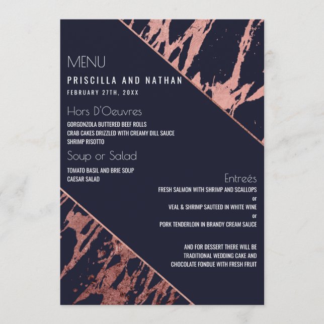 Navy Blue Rose Gold Marble Diagonal Wedding Menu (Front)