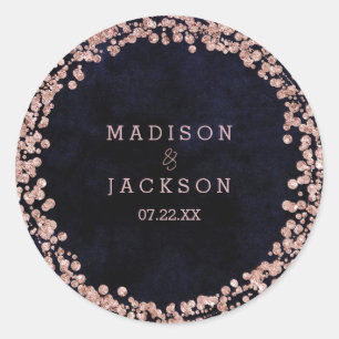 Navy Blue & Rose Gold Monogram Wedding Classic Round Sticker