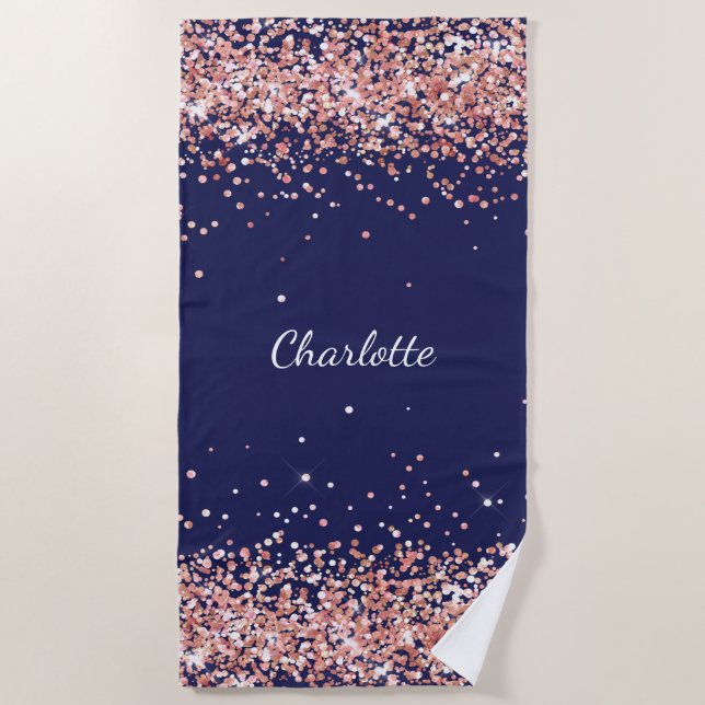 Navy blue rose gold name beach towel (Front)