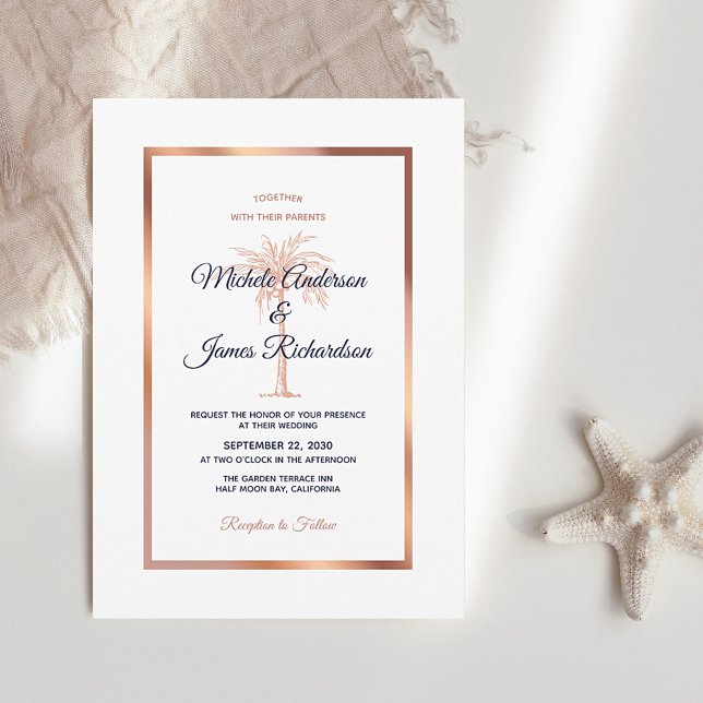 Navy Blue Rose Gold Palm Tree Tropical Wedding Invitation (Creator Uploaded)