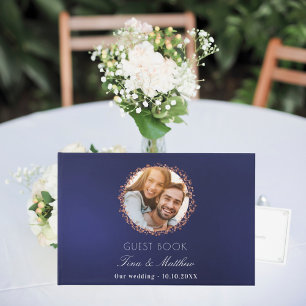 Navy blue rose gold photo wedding guest book
