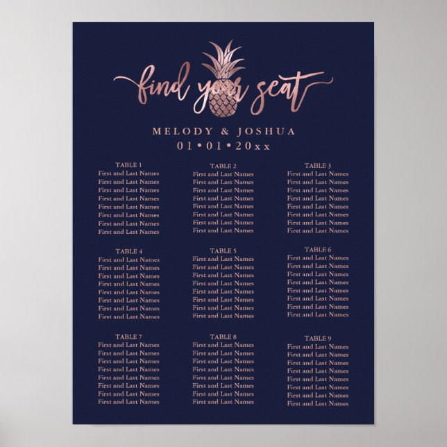 NAVY BLUE ROSE GOLD PINEAPPLE SEATING CHART (Front)