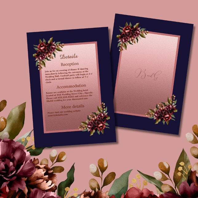 Navy Blue Rose Gold Script Burgundy floral wedding Enclosure Card (Creator Uploaded)