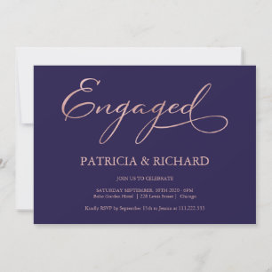 Navy Blue Rose Gold Script Engagement Party Invitation