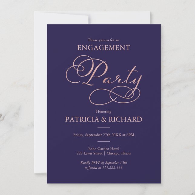 Navy Blue Rose Gold Script Engagement Party Invitation (Front)