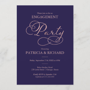 Navy Blue Rose Gold Script Engagement Party Invitation