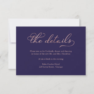 Navy Blue Rose Gold Script Wedding Details Card