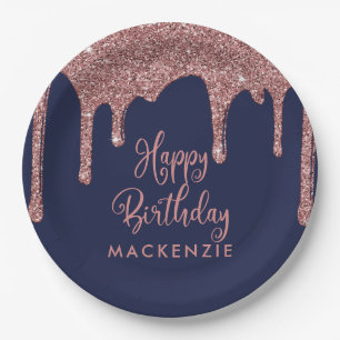 Navy Blue Rose Gold Sparkle Glitter Drips Birthday Paper Plate