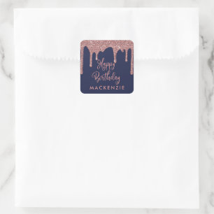 Navy Blue Rose Gold Sparkle Glitter Drips Birthday Square Sticker